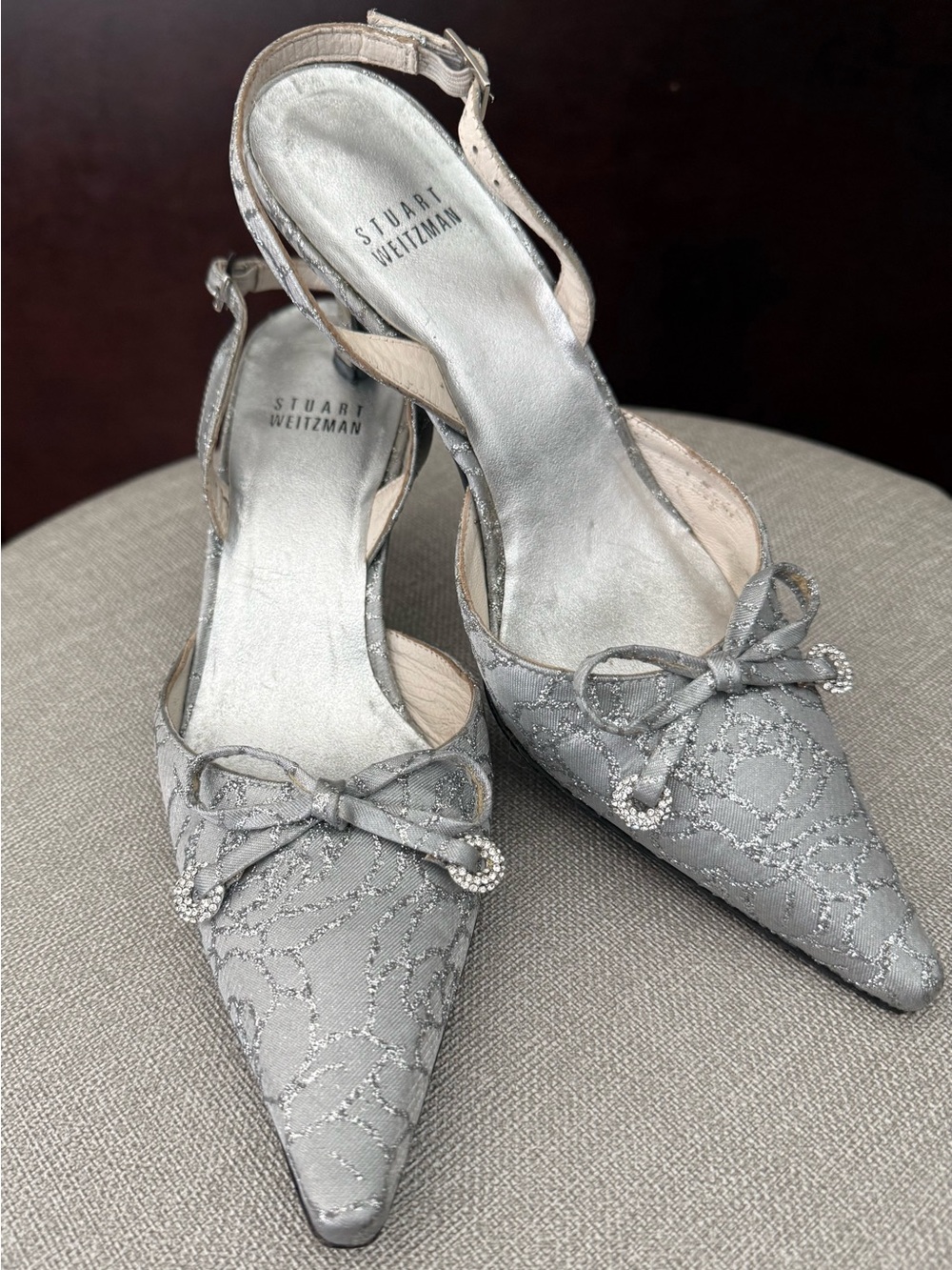 Stuart Weitzman Silver Pointed-Toe Slingback Pumps